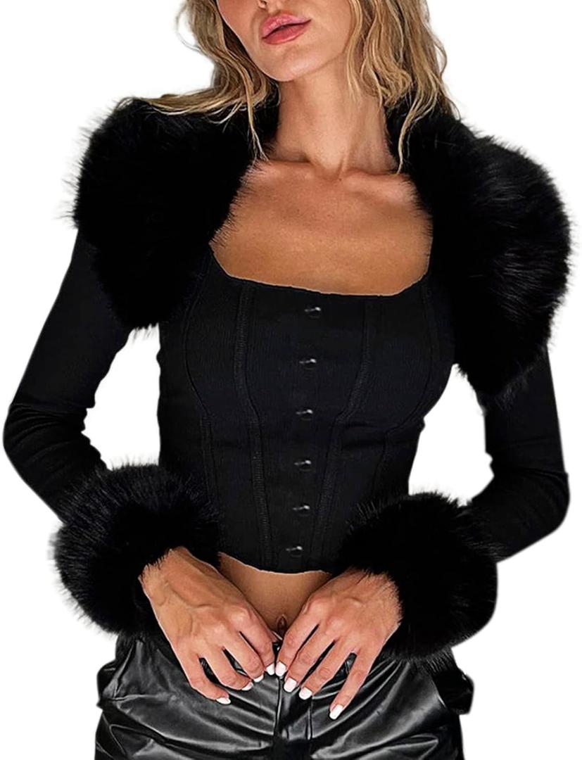 VWIWV Women Long Sleeve Crop Jacket with Faux Fur Collar Coat Outwear Lightweight Casual Jackets Clubwear (Small, Black)