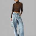 MANGOPOP Women's Short Sleeve Long Sleeve Sheer Mesh Crop Tops Tee Shirt Blouse (Brown, M)