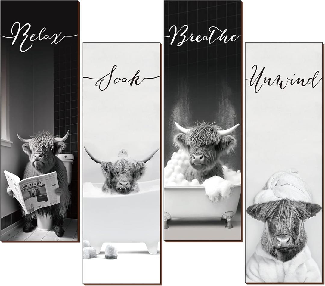 YLOLUL 4 Piece Highland Cow Bathroom Signs - Rustic Farmhouse Decor for Home Laundry Room & Bathroom