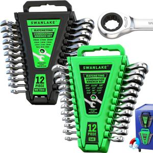 24-Piece Combination Ratchet Wrench Set, Metric (6-18mm) & SAE (1/4''-3/4'') Wrenches Set, 12-Point 72-Tooth Ratchet Spanners with Magnetic Base Organizer, Chrome Vanadium Steel for Auto Mechanic Tool