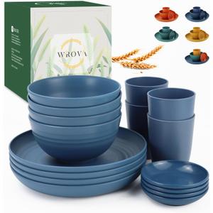 Wheat Straw Plates and Bowls Sets of 16 - Unbreakable Wheat Straw Dinnerware Sets for Camping - Alternative Plastic Dinnerware Set Service for 4 - Microwave Safe and Dishwasher Safe Bowls, Blue