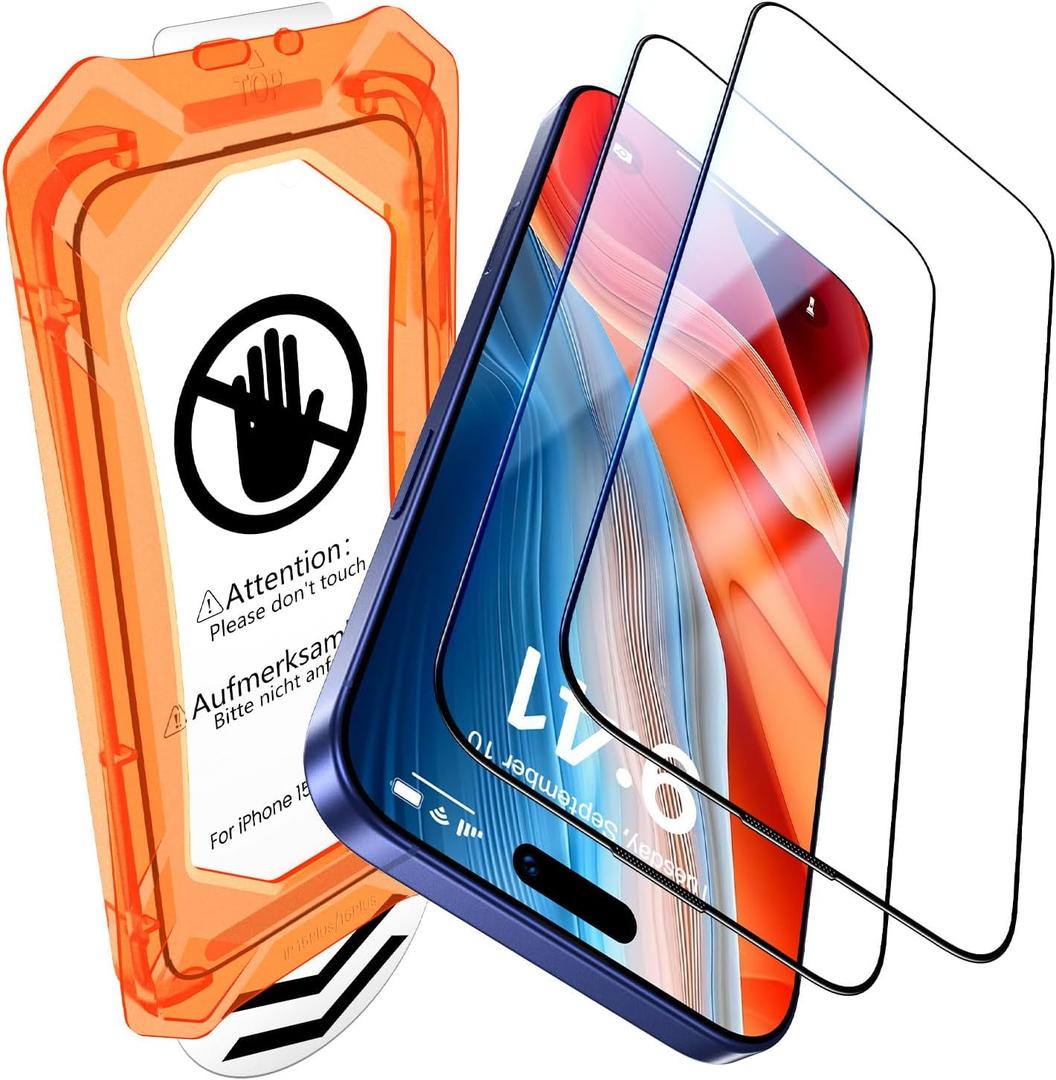 UniqueMe for iPhone 16 / iPhone 15 Screen Protector - [Military Grade Shatterproof & 9H+ Hardness] Screen Protector 15/16 Tempered Glass Full Coverage Protection, Easy Installation, 2 Packs (Transparent)