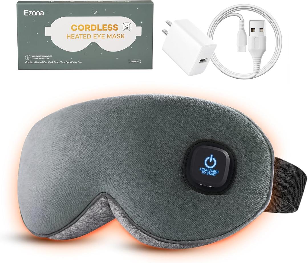 Ezona Cotton Cordless Heated Eye Mask, 2000mAh Warm Eye Compress Mask for Dry Eyes, Washable Eye Heating Pad for Travel, MGD,Blepharitis, Sinus Migraine with 10W ChargerGray
