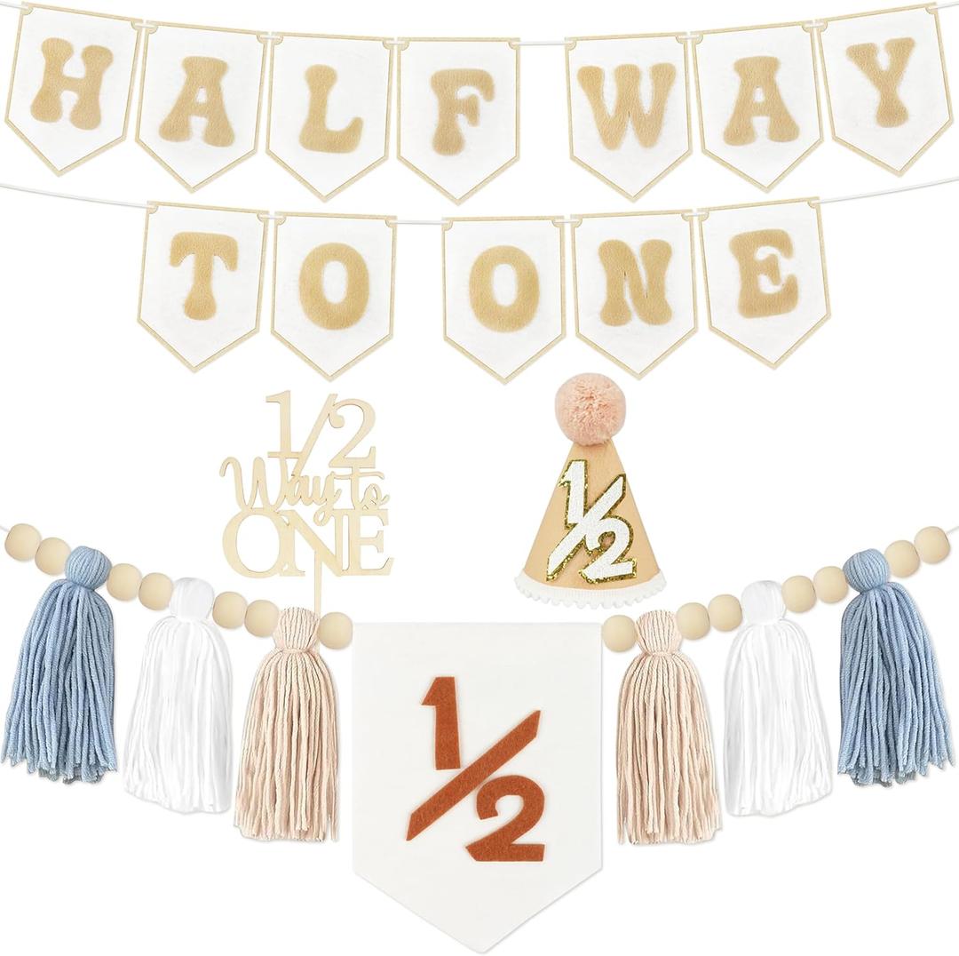 1/2 Birthday Boy Half Birthday Decorations - Half Way to One Banner Cake Topper Tassel Wood Bead High Chair Banner Hat for Boys and Girls 6 Months Birthday Decorations Party Supplies (Baby Blue)