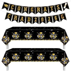 2026 Graduation Party Decorations Set,Graduation Tablecloth & Congrats Grad Banner, Black Gold Graduation Decorations 2026, Class of 2026 Graduation Party Supplies