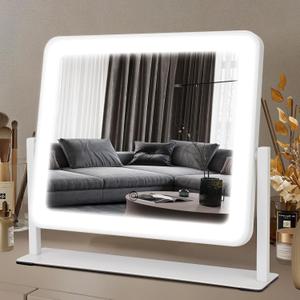 Vanity Mirror with Lights, 14"12" LED Makeup Mirror, HD Professional Mirror, Smart Touch with 3-Color Lighting, Dimmable, 360 Rotation, Lighted Up for Makeup Desk, Bedroom (White)