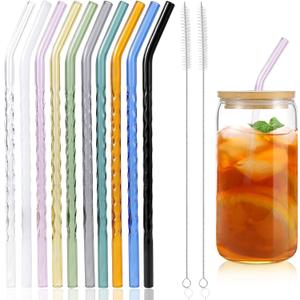 10 Pcs Reusable Bent Colored Glass Straws,9''x8 mm Shatter Resistant Cute Drinking Straws with 2 Cleaner Brush for 16 oz 18 oz Glass Cups and Home Drink Cups