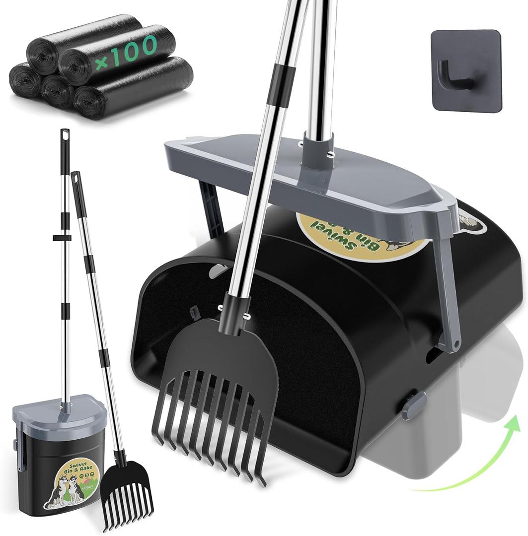 UPSKY Dog Pooper Scooper Swivel Bin & Rake Kit with 100 Waste Bags,33.4" Stainless Steel Long Handle Heavy Duty Pet Poop Shovel for Large Medium Small Dogs, Odor-Proof Lid for Yard/Lawn/Outdoor Use (Grey)