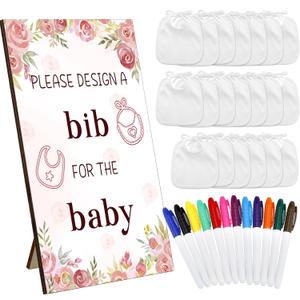 Panitay 43 Pcs Baby Shower Games White Bibs Design, Include Wooden Baby Shower Game Sign, 30 DIY Blank White Bibs, 12 Markers for Gender Reveal Party Decorating Supplies(Flower)