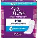 Poise Incontinence Pads for Women, 4 Drop, Moderate Absorbency, Long, 216Ct, White