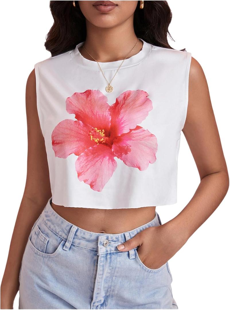 SweatyRocks Women's Floral Print Cropped Tank Top Crew Neck Sleeveless Y2K Summer Tops (White, XS)