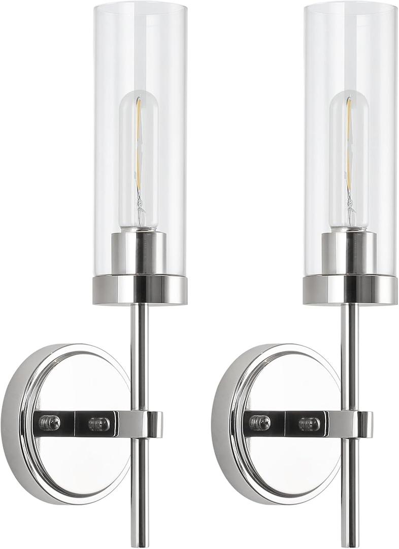WILON Modern Wall Sconces Set of 2, Chrome Bathroom Light Fixture with Long Clear Glass Shades, Indoor Siver Wall Lamp for Vanity Mirror Bedroom Living Room Bedside Hallway Corridor Stairs