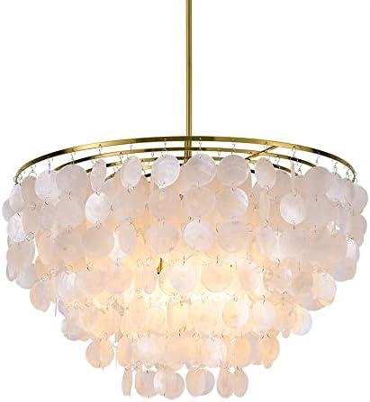 Wellmet Natural Capiz Shell Chandelier, 6 Lights Silver Coastal Modern Chandelier Pendant Lighting, Hanging Round Layered Chandelier for Living Room, Dining Table, Bedroom, Kitchen, Foyer, W-23.62”, (Color: Gold)