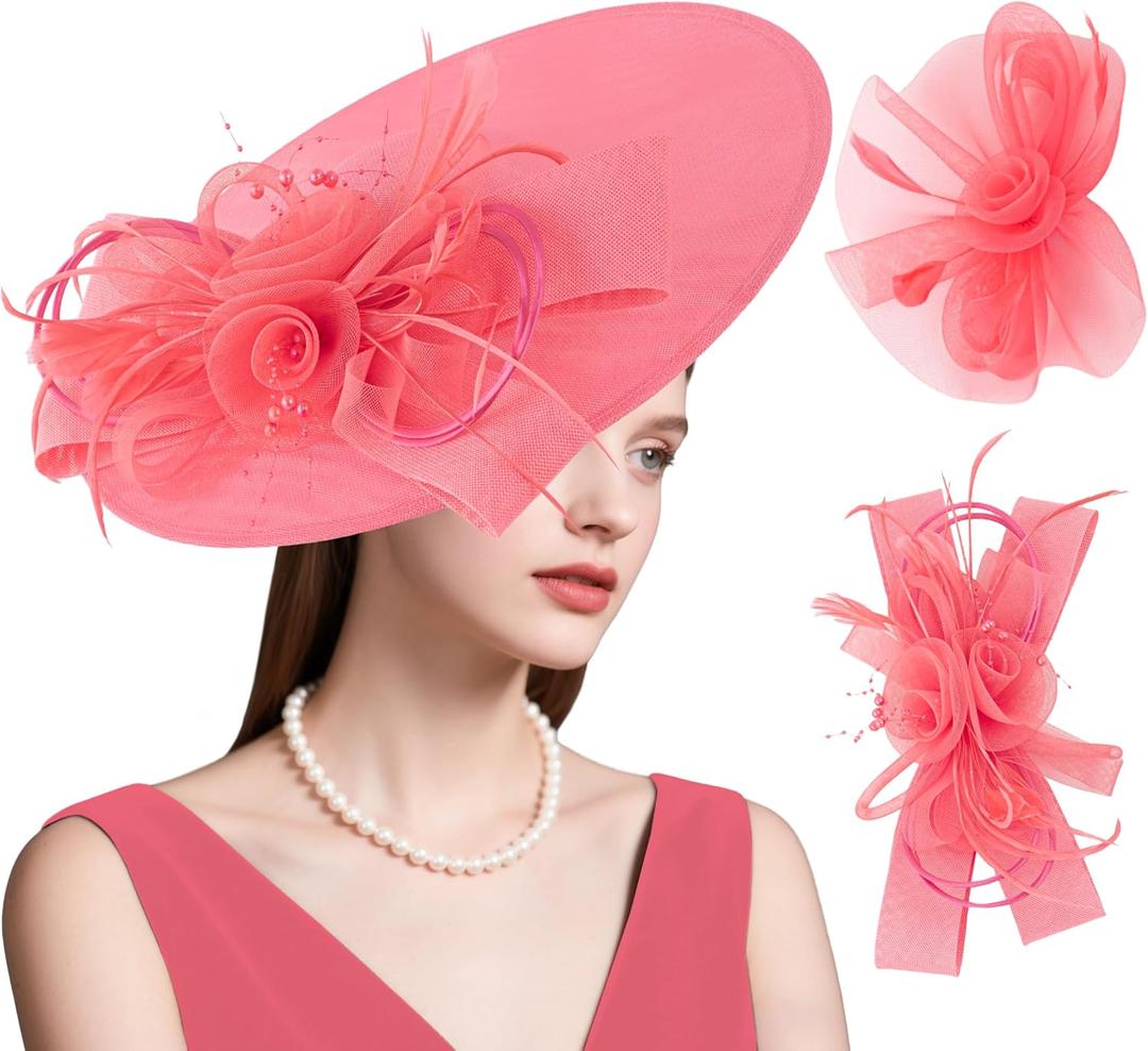 dressfan Wide Brim Fascinator Derby Hats for Women,20s Linen Detachable Flowers Big Fascinator Hat with Headband for Derby Church Wedding Tea Party,X38-Watermelon Red