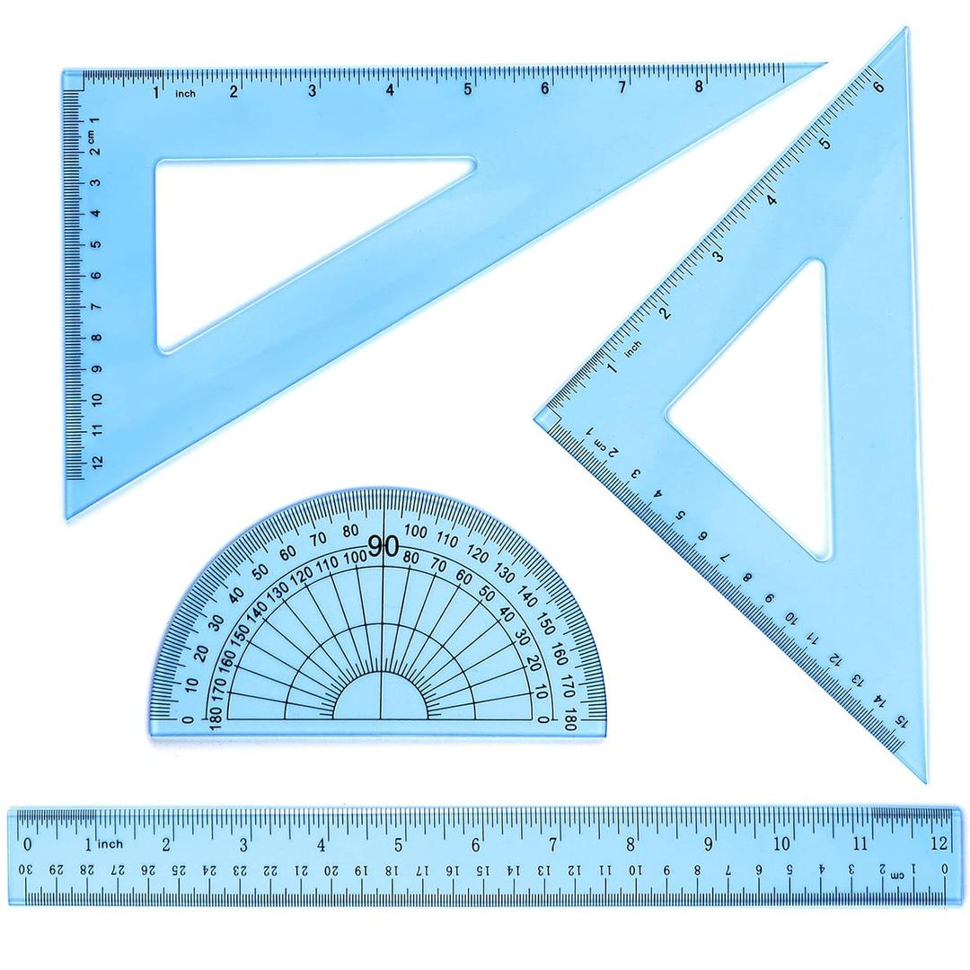 Coopay 12 Inch Math Geometry Tool Plastic Ruler Square Set Includes Straight Ruler, Triangles, Protractor for Student School Office Supplies (Blue)