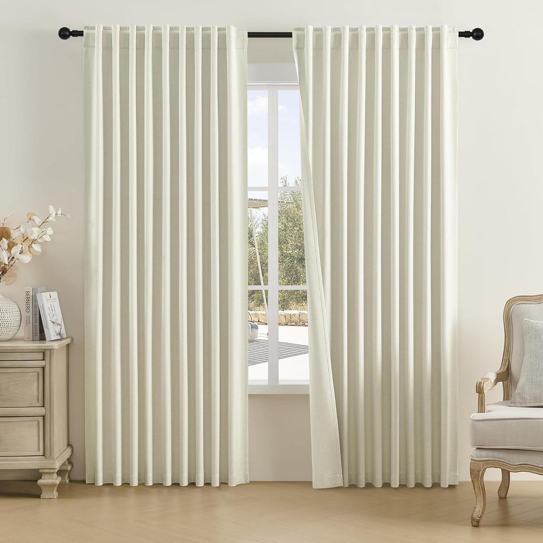 DUALIFE Beige Linen Blackout Curtains- Back Tab Pleated Room Darkening Curtains for Bedroom Dining Room, Patio Sliding Glass Door Curtains Custom Made 72 Inch Wide by 96 Inch Length 2 Panels Set