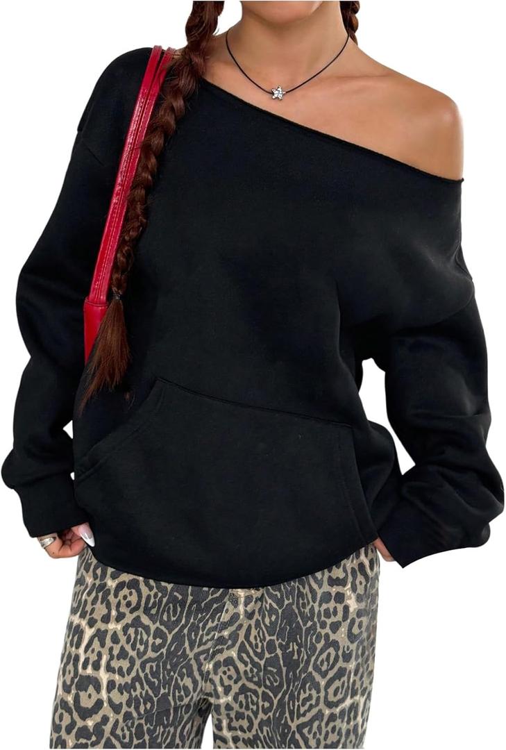 Women's Oversized Off Shoulder Sweatshirts Long Sleeve Basic Thermal Pullover Tops with Pocket (Black)