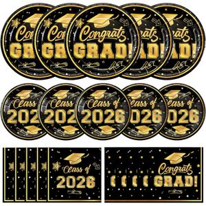 Litmitfu 150 Pcs Graduation Plates and Napkins 2026 - Black Gold Congrats Grad Class of 2026 Paper Dessert Dinner Plates Napkins Set for Graduation Party Decorations Supplies Table Decor, Serves 50