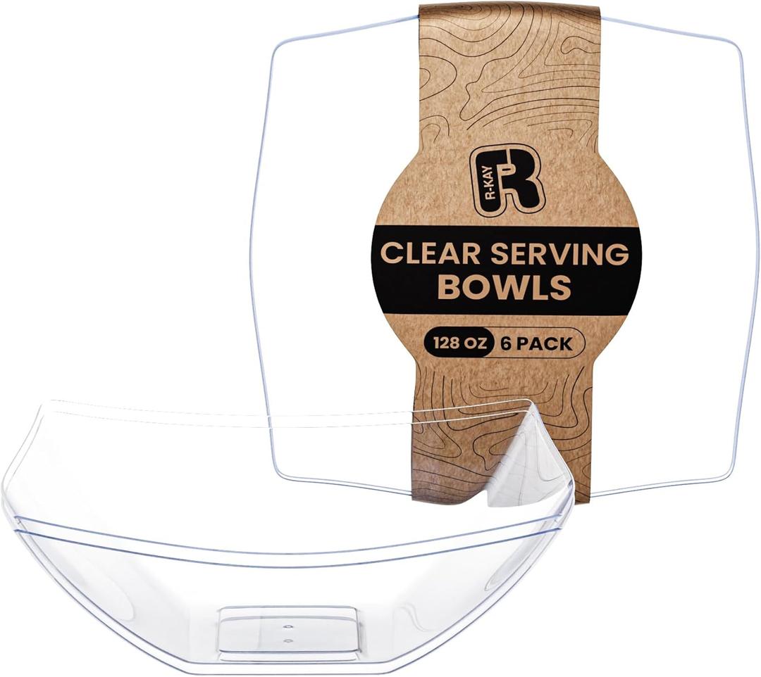 R-kay 6 Pack Extra Large Square Serving Bowl - 128 Ounce Plastic Serving Bowls For Entertaining - Clear Plastic Bowls For Salads And Snacks - Disposable Bowls For All Occasions