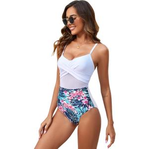 Narecte Women Sexy Mesh One Piece Swimsuit Tummy Control Bathing Suit Push Up High Waisted Swimwear, 2XL
