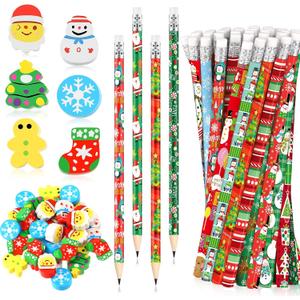 Crtiin 72 Pcs Christmas Pencils and Mini Erasers Bulk, Christmas Cute Fun Novelty Pencil and Erasers, Gingerbread Man Santa Snowman Cartoon Xmas Party Gifts Prizes Favor
