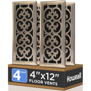 4x12 Inches 4 Pack Heavy Duty Walkable Floor Register - Easy Adjust Air Supply Lever Decorative Floor Vent Covers, Charlotte Design Vent Covers for Home - Antique Brass