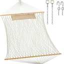JoyView Traditional Rope Double Hammock - Hand Woven Cotton Hammock with Hardwood Spreader Bar and Pillow 450lb Capacity for Outdoor Indoor Patio Yard - Natural
