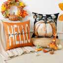 Artscope Fall Decorative Throw Pillow Covers 16x16 Inch Set of 4, Hello Happy Autumn Pumpkin Maple Leaves Harvest Outdoor Farmhouse Pillow Cases for Home Sofa Couch-Orange E