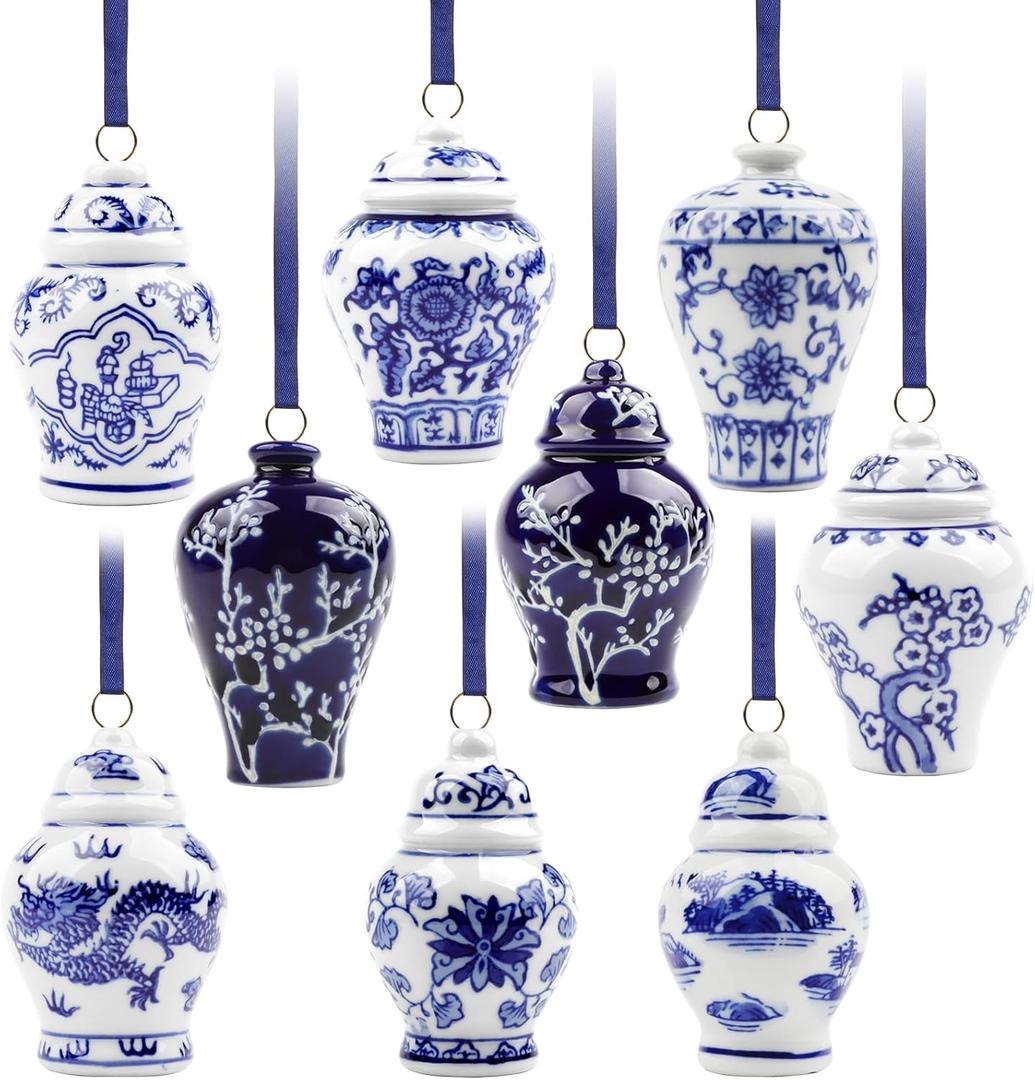 YIYA 8 Pack Porcelain Christmas Tree Ornaments 3.5 in Blue and White Ornaments Christmas Chinoiserie Hanging Ornaments Mini Ginger Jar for Xmas Tree Decoration