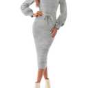 Saodimallsu Womens Long Puff Sleeve Sweater Dress Crew Neck Bodycon Ribbed Knit Fall Midi Dresses with Belt Light Gray L