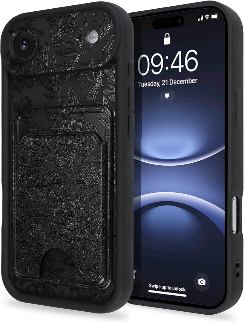 MZELQ Compatible with iPhone Air Case 2025 Silicone Card Holder, Cute Pattern Rose Flower Floral Cover for Girls Women -Black