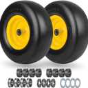 13x5.00-6 Flat Free Lawn Mower Tire and Wheel, Smooth Tread Tire for Lawnmower, Installed 3/4" Bearing with Extra 5/8" Bearing, 3.25"-5.9" Centered Hub, 2 PCS