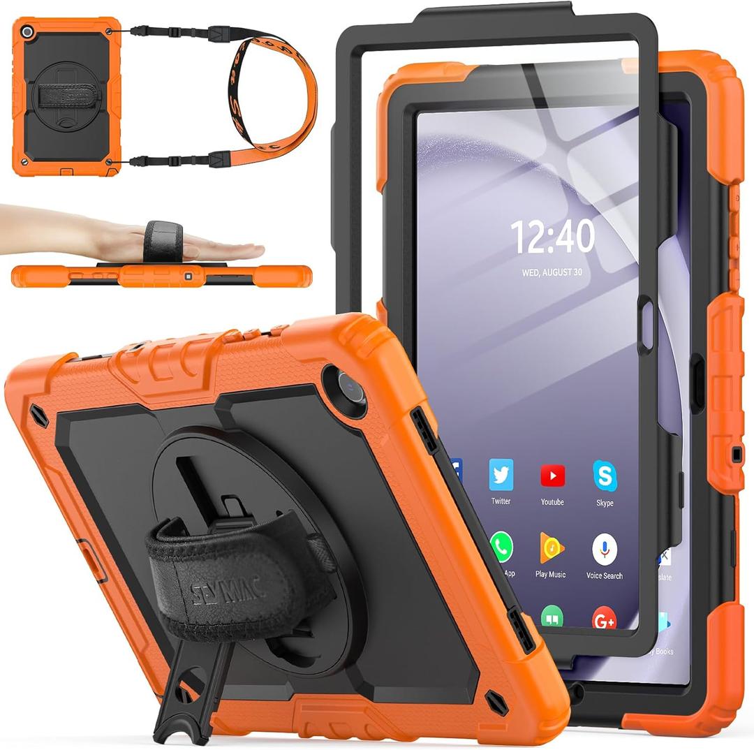 SEYMAC stock Case for Samsung Galaxy Tab A9+ Plus 11'', Full-Body Drop Protection Case with Screen Protector Pencil Holder [360 Rotating Hand Strap] &Stand, Orange+Black