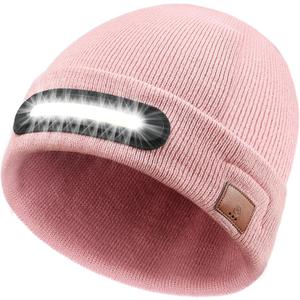RANCOVY LED Beanie with Light, Unisex USB Rechargeable Headlamp Beanie Flashlight Beanie Hat for Men Women (Pink)