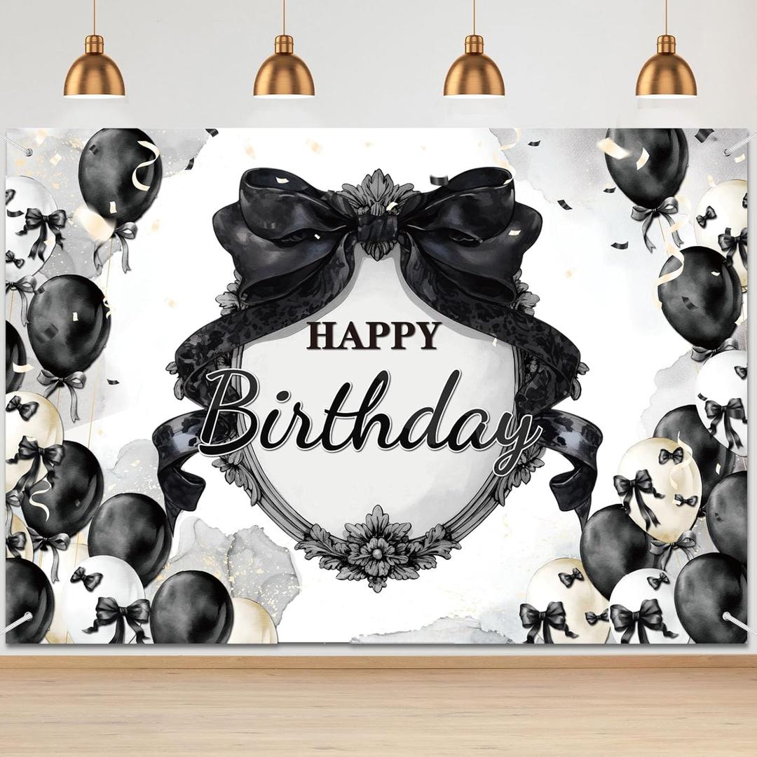 Tiamon Black Bow Birthday Party Backdrop 7 x 5 ft Coquette Happy Birthday Decorations Black and White Bow Photo Backdrop for Girls Women Coquette Party Photography Background