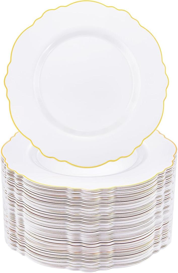 WDF 60pcs Gold Plastic Dinner Plates -10.25 Inch Baroque White and Gold Plates Fancy Plastic Plates for Upscale Bridal Shower & Wedding & Birthday