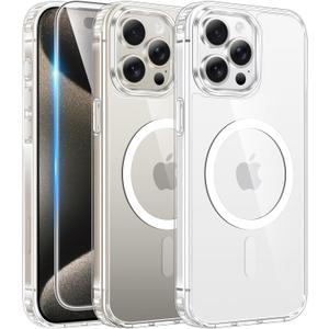 FNTCASE for iPhone 15 Pro Case: Clear Magnetic Phone Cases with Screen Protector Compatible with Magsafe Slim Anti Yellowing Rugged Shockproof Protective Transparent Cell Phone Cover (A-Clear)