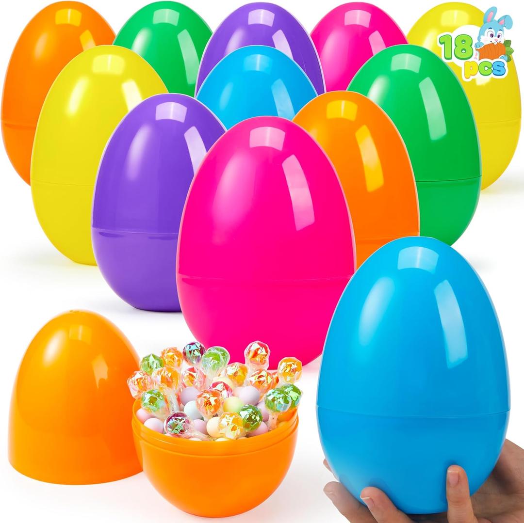 JOYIN 18 Pcs Large Easter Eggs, 6 Inches Jumbo Plastic Eggs Fillable for Easter Themed Hunt Colorful Basket Stuffers Fillers Filling Treats Party Favor Classroom Prize Supplies