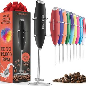 Powerful Handheld Milk Frother, Mini Milk Frother Wand, Battery Operated Stainless Steel Drink Mixer - Milk Frother Stand for Milk Coffee, Lattes, Cappuccino, Frappe, Matcha, Hot Chocolate. Great Gift (Black)