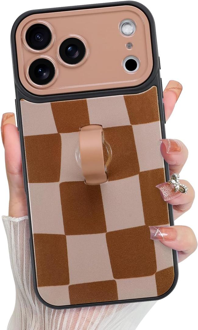 KANGHAR Compatible with iPhone 17 Pro Max Case 2025, Silicone Checkered Cute Pattern, Wristband Kickstand Camera Protection Soft Slim Cover for Girls Women -Brown