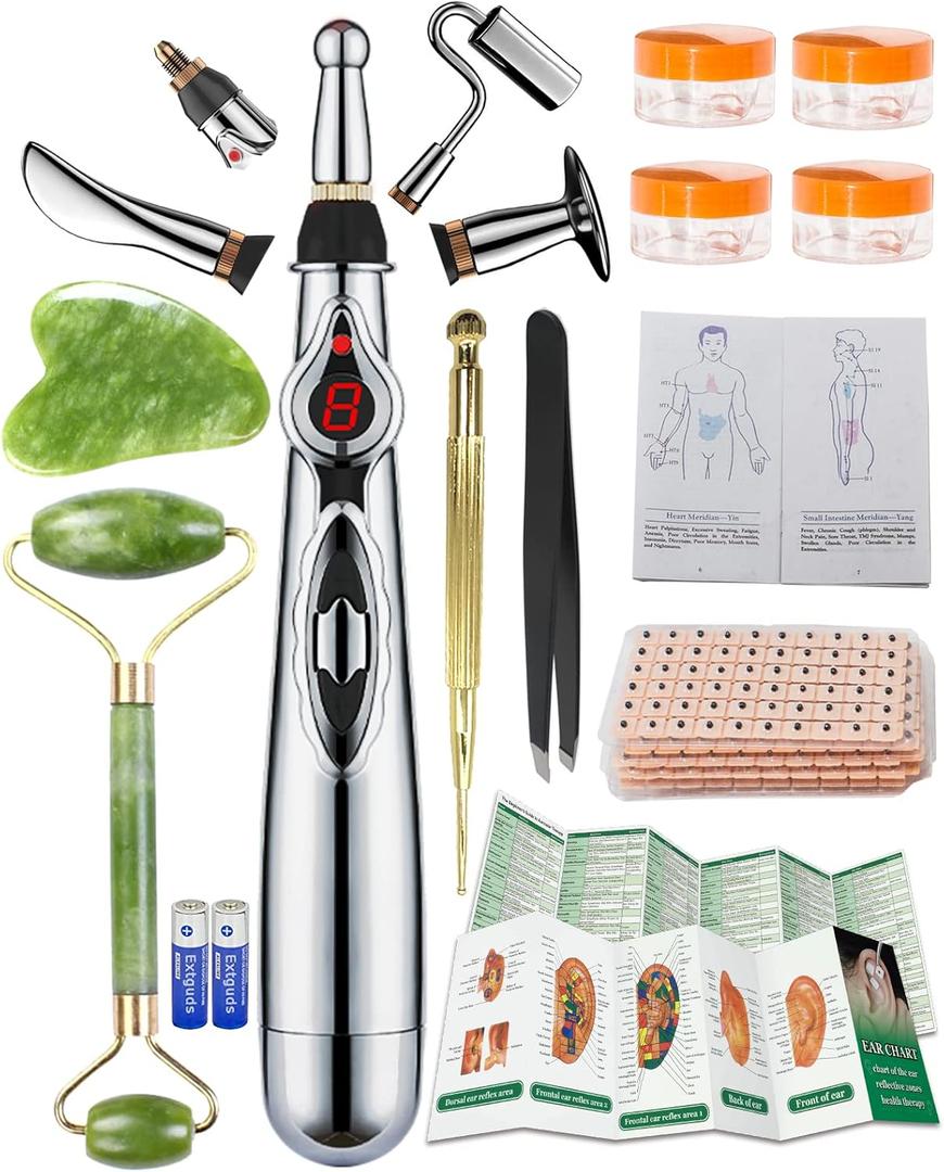 Acupuncture Super Set: 5-Head Electronic Acupuncture Pen+ Gua Sha Tool+600 Ear Seeds+ Retractable Acupuncture Pen+ 4 x Extra Massaging Gel+ Tweezers + Manual+ Batteries + 2 x Acupoint Chart (Acupuncture Set(with Chart))