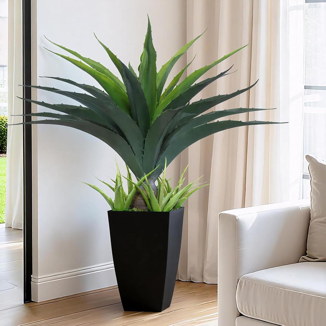 Artificial Spiked Agave Plant 2.5ft, 30 Inch Tall Fake Aloe Vera Plants in Black Pot, Fake Floor Plant Indoor Outdoor for Front Porch Patio Home Office Door Step Decor 1PCS