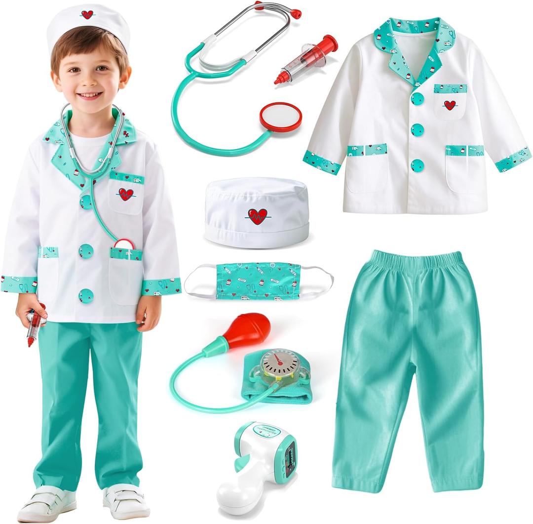 Lehoo Castle Doctor Costume for Kids, Doctor Dress Up and Play Set 8 PCS with Stethoscope, Role Play Costume for Toddlers 4-6 (Green)