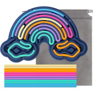 Sensory Activity Board Silicone Fidget Toy, Double-Sided Rainbow Sensory Toys for Autism, Stress, Anxiety, ADHD, Kids 3+& Adults, Includes Travel Bag & 12 Strings, Dark Blue