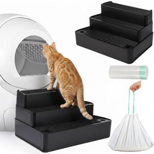 Vesici Adjustable 3 Steps Litter Box Ramp with 20 Waste Bags Pet Steps for Cats with Filter Function Non Slip Cat Litter Stair for Automatic Box Small Elder cat(Black)