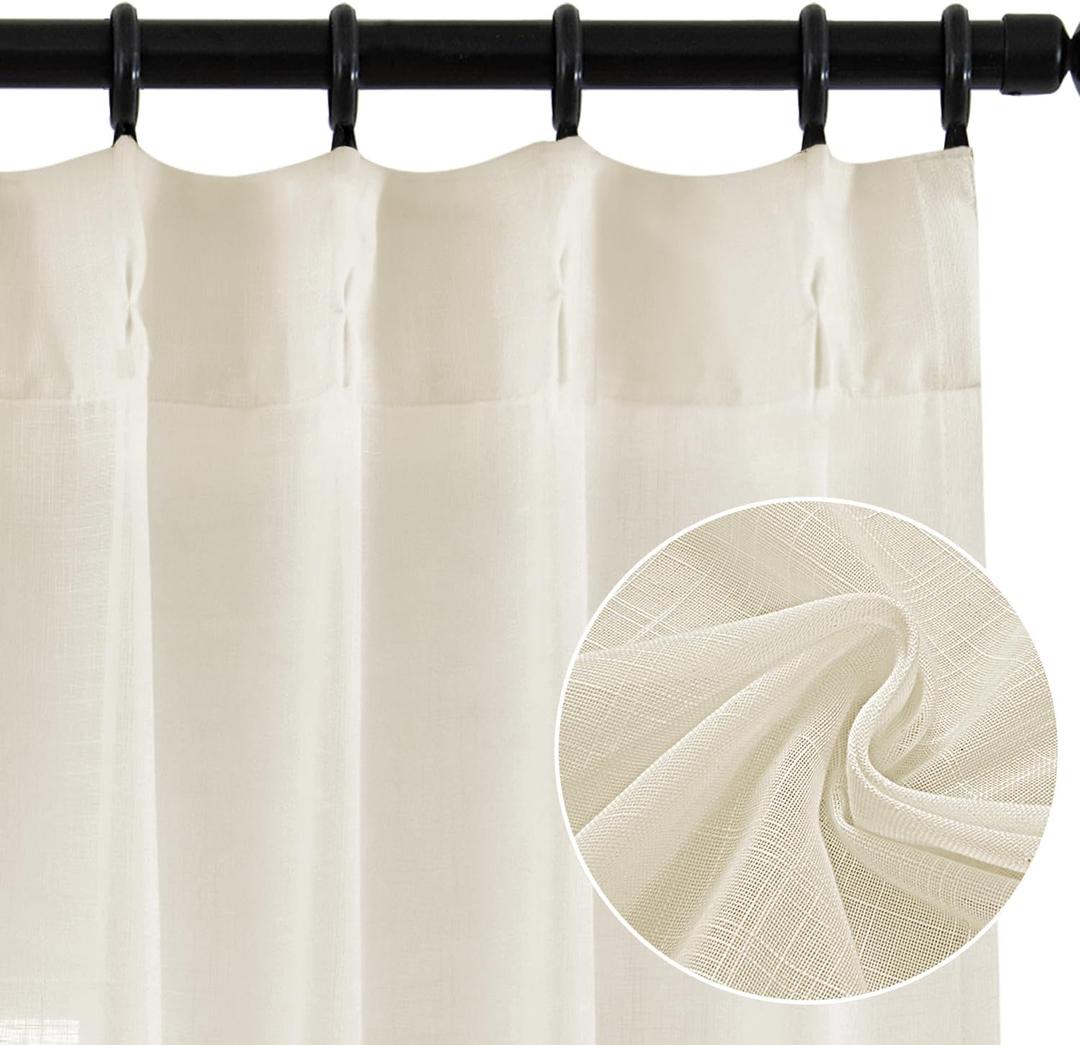 Pinch Pleated Curtains 2 Panels, Linen Textured Semi Sheer Curtain 84 Inches Long Back Tab Light Filtering Voile Window Drapes for Living Room, Bedroom and Farmhouse, 40 Inch x 84 Inch Ivory