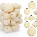 42PCS White Velvet Christmas Ball Ornaments, Flocked Vintage Rustic Farmhouse Baubles in Assorted Sizes for Xmas Tree Decorations, Hanging Ornaments for Home, Party & Wedding Dcor (Creamy White)