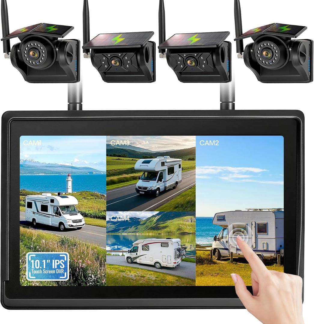 4 Magnetic Solar Wireless Backup Camera System, 10.1" IPS DVR Touchscreen, 2 Rearview + 2 Sideview Night Vision Cameras for Hitching Trailer Camper, 4x9600mAh Rechargeable Solar Battery, AT4