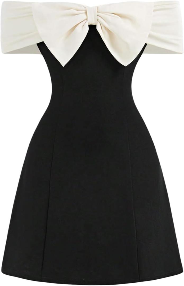 Floerns Girl's Bow Off The Shoulder Dress Elegant A Line Short Sleeve Color Block Party Dresses, Size: 12 Years