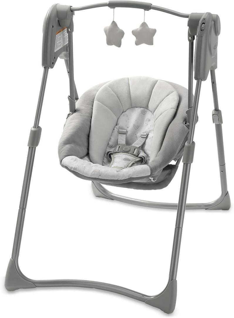 Graco Slim Spaces Compact Baby Swing, Reign
Easy Fold with Carry Handle, Height-Adjustable Legs, Multiple Swing Speeds, Comfortable Infant Head Support, Overhead Toy Bar